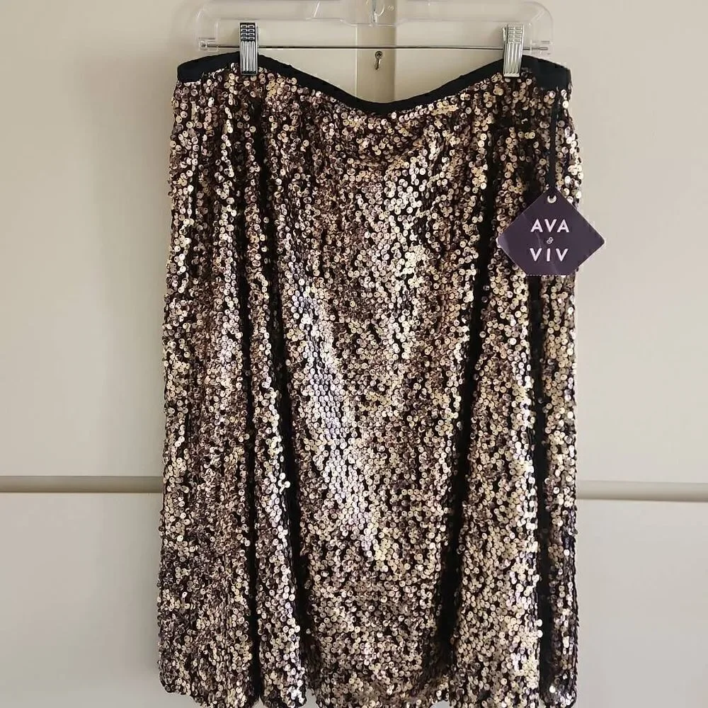 AVA & VIV Gold/Animal Print Sequin Skirt,  NWT, 1X